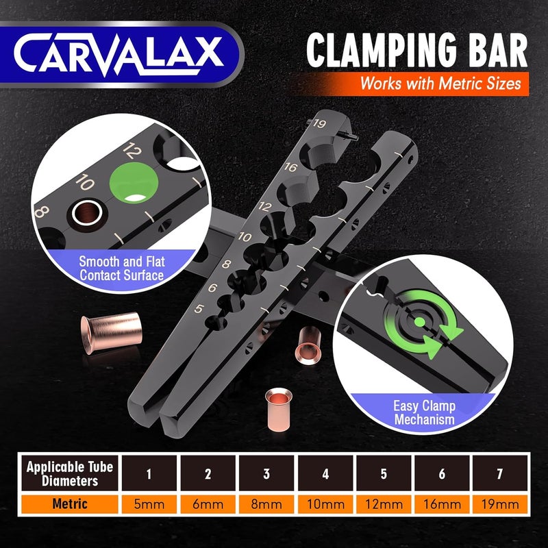 CARVALAX طقم أدوات تشكيل الفلير بزاوية 45° للنحاس، والبرونز، والألمنيوم، قضيب تشكيل فردي مع 7 قوالب (5 مم إلى 19 مم)، للاستخدام في أنظمة التكييف، والتبريد، وخطوط الفرامل، ثقيل الوزن مع حقيبة (مترية) - Image 4